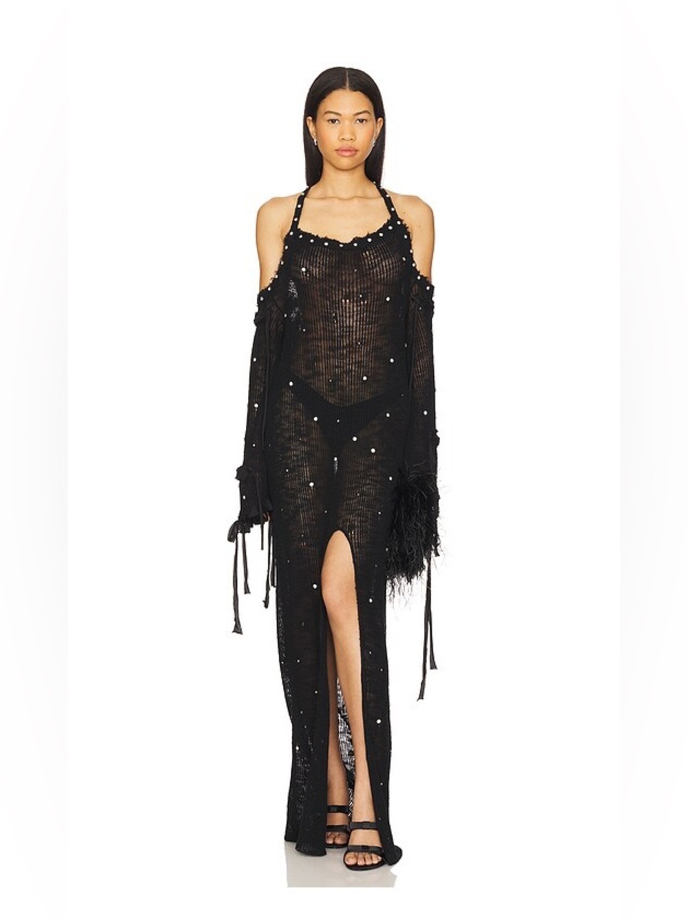 Aniye Records Elsa Long Dress Black Knit Maxi Pearl Embellished NWT Size M